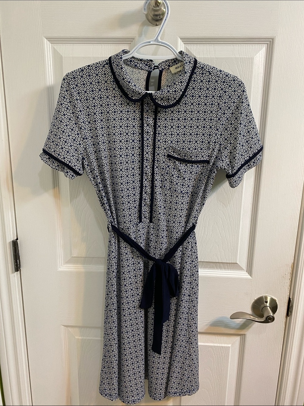 Monteau Geometric Short Sleeve Shirt Dress Women’s Size Large Navy Blue White